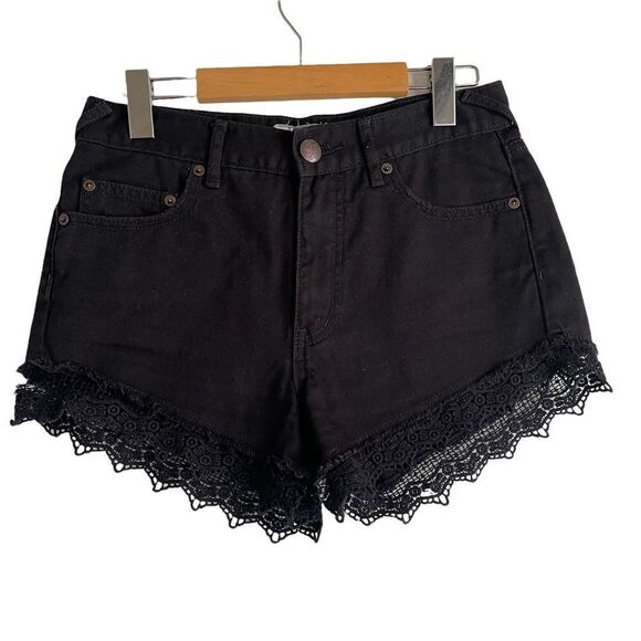 Free People Shorts Black Mid-Rise Denim with Boho Lace Fringe Size 25 - Picture 1 of 5